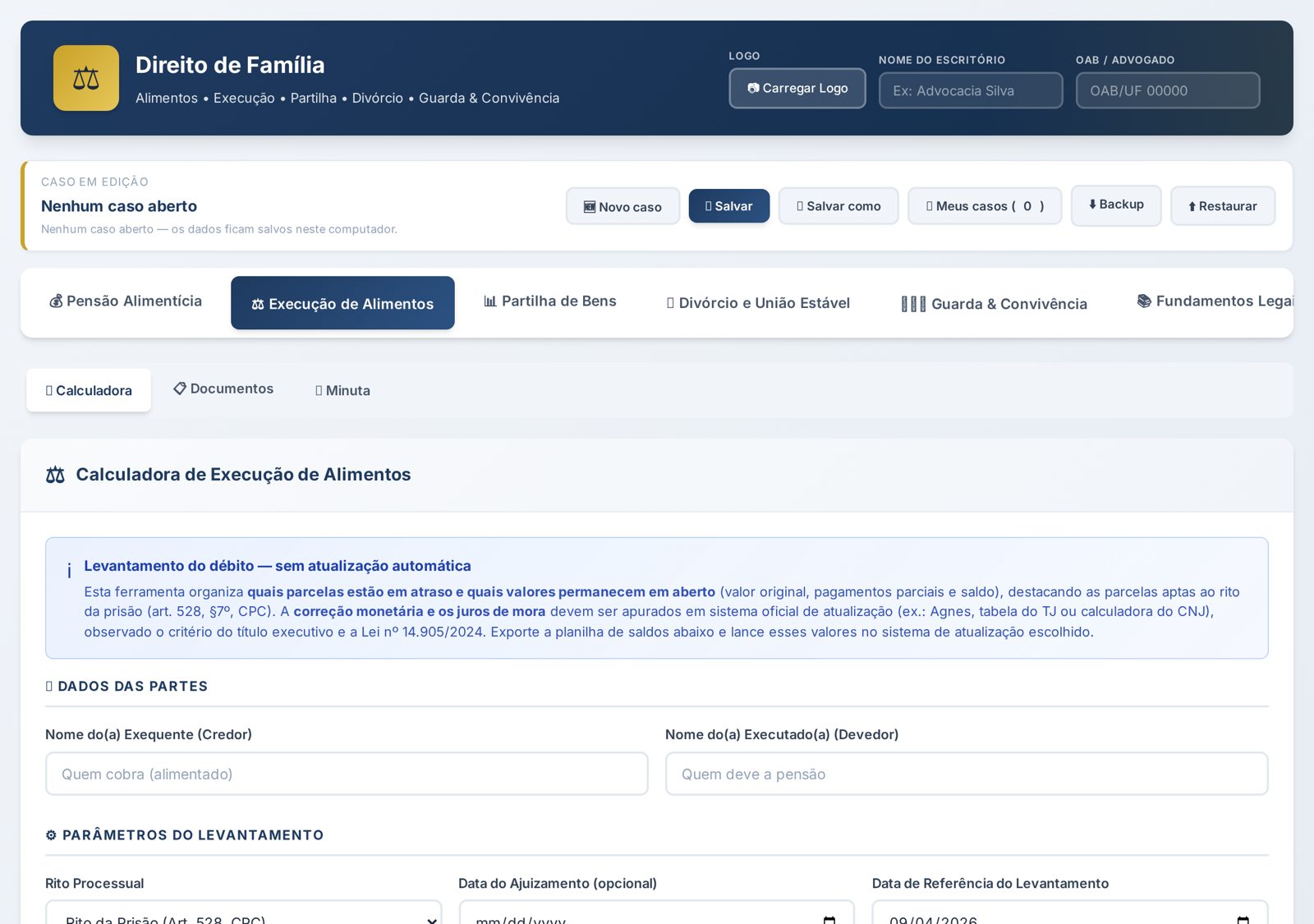 Tela de execução de alimentos com parcelas em atraso