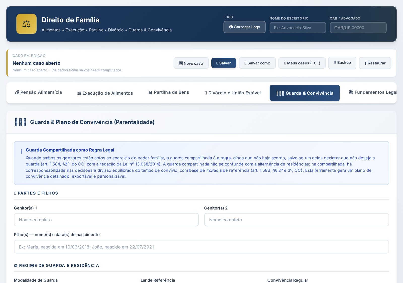 Tela de guarda e calendário de convivência
