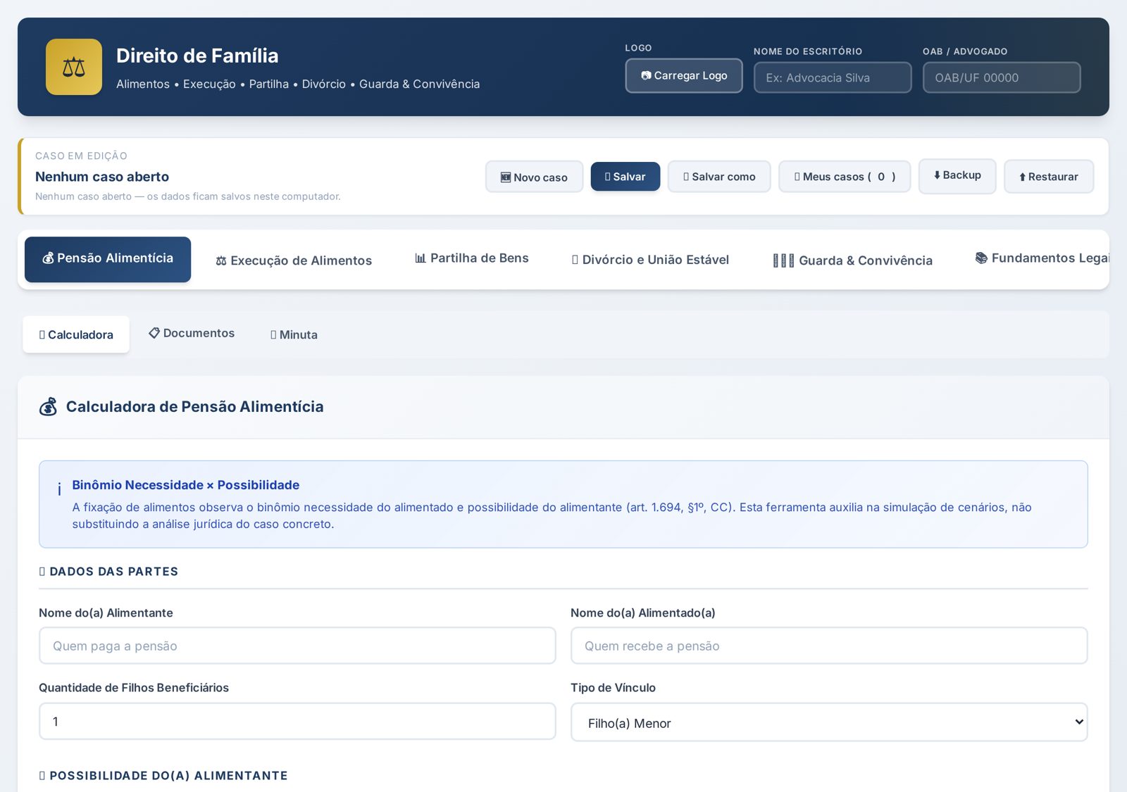 Tela de cálculo de pensão alimentícia do sistema